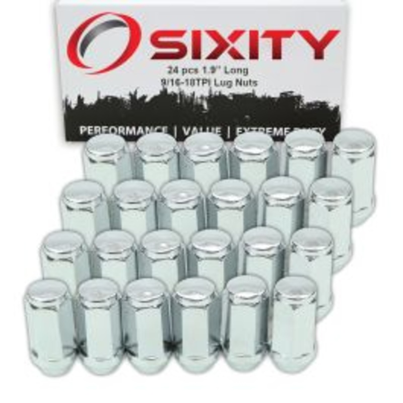 24 pc Sixity Chrome Bulge Acorn Wheel Lug Nuts - 9/16-18tpi 1.9" Long - Capped Closed End